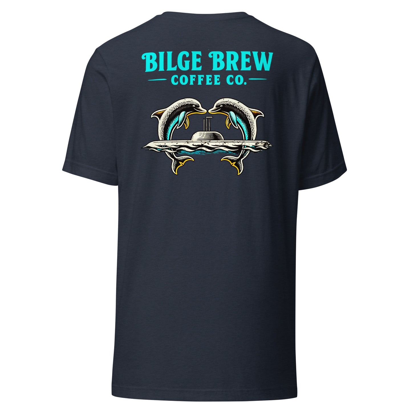 heather navy shirt with dolphins jumping over a submarine and bilge brew coffee co text