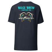 heather navy shirt with dolphins jumping over a submarine and bilge brew coffee co text