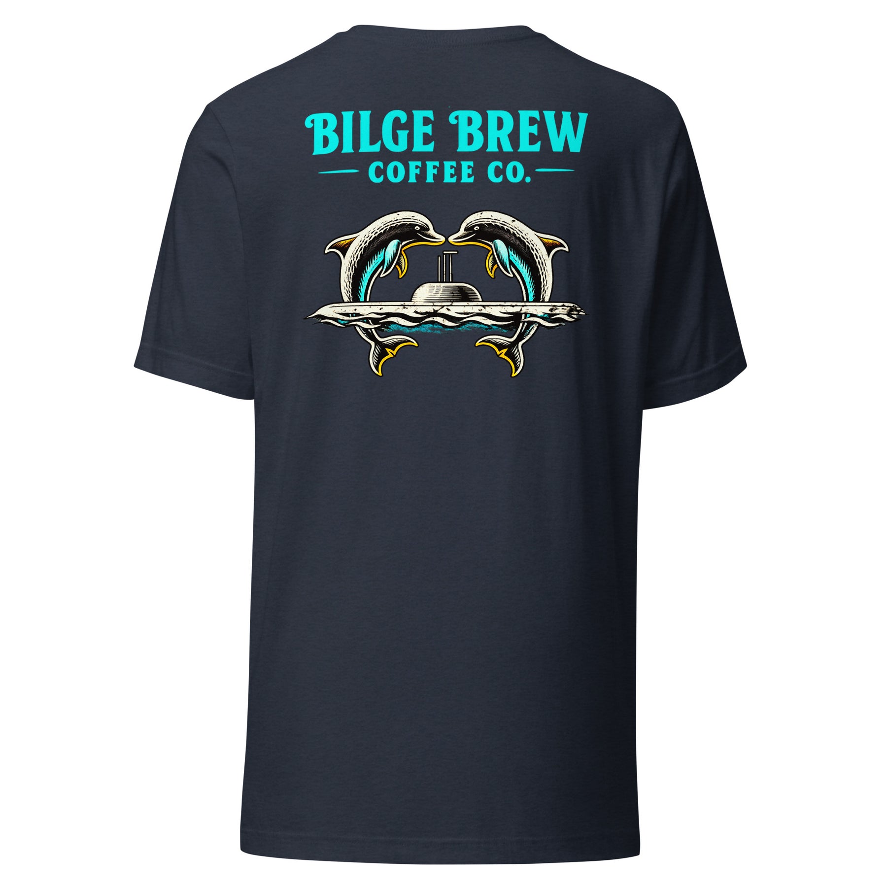 heather navy shirt with dolphins jumping over a submarine and bilge brew coffee co text
