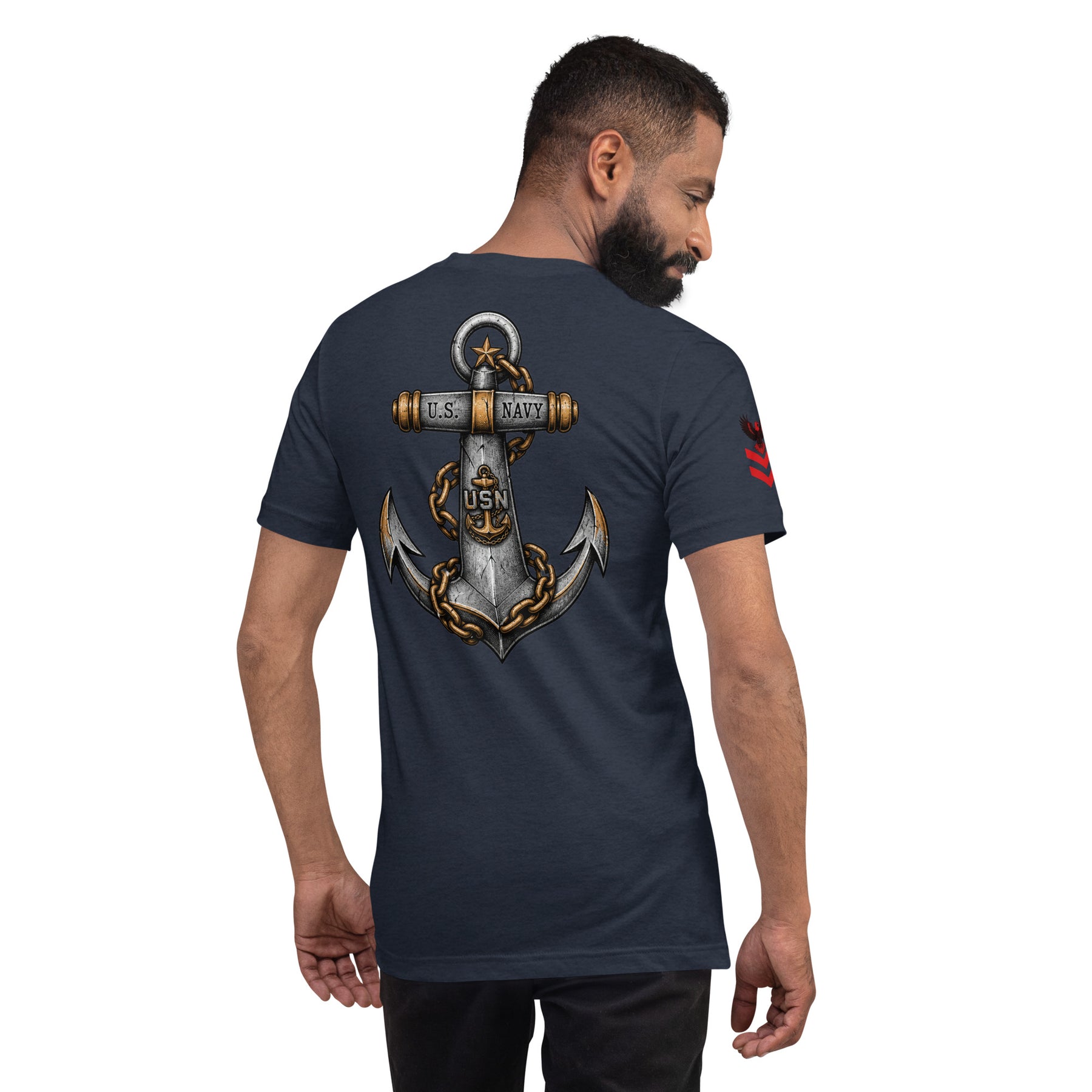 Man wearing a navy blue t-shirt with a large anchor design on the back, on a white background.