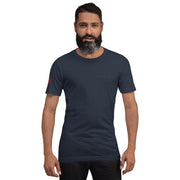Man wearing a dark gray t-shirt with a logo on a white background