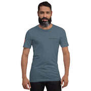 Man wearing a blue t-shirt with a logo on a white background
