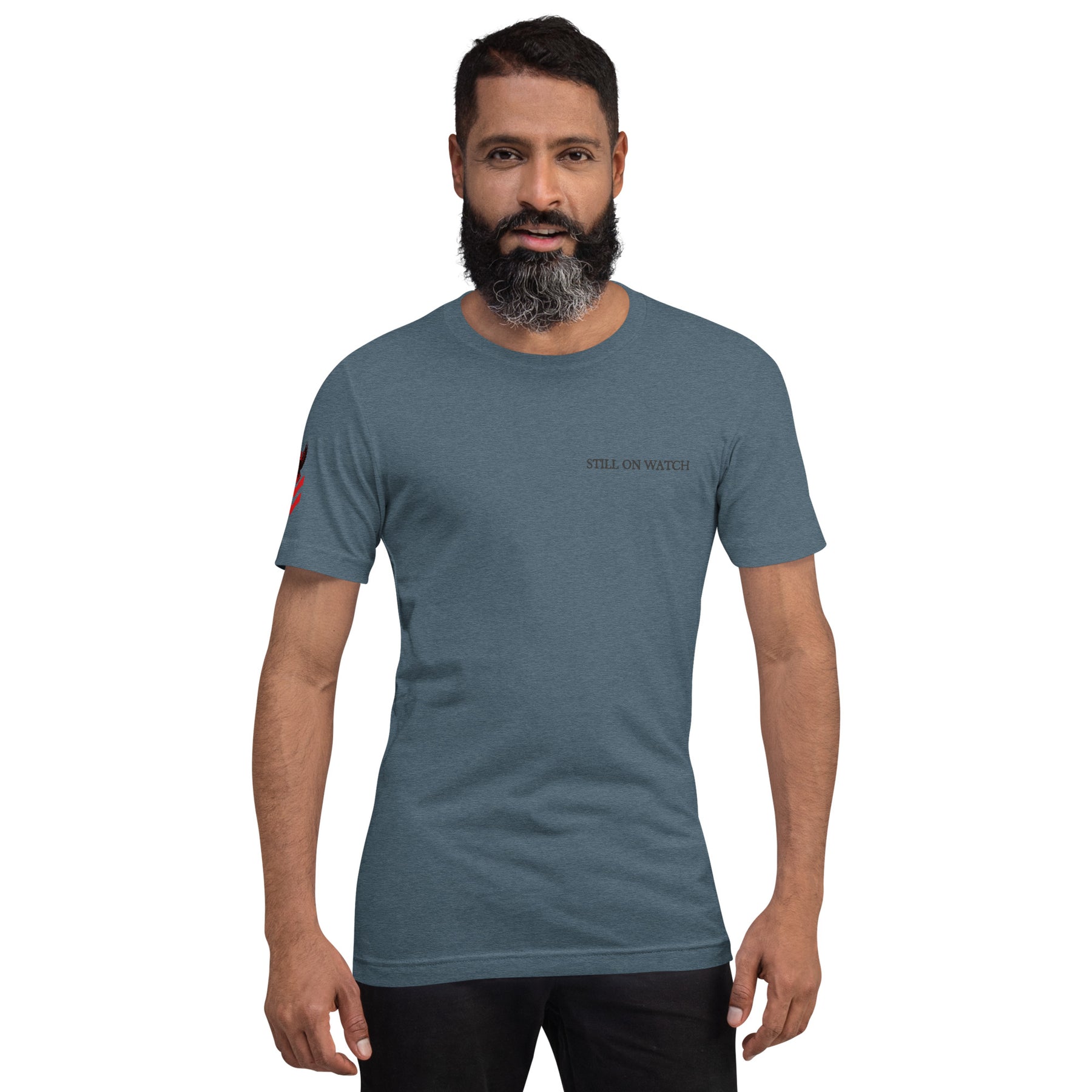 Man wearing a blue t-shirt with a logo on a white background