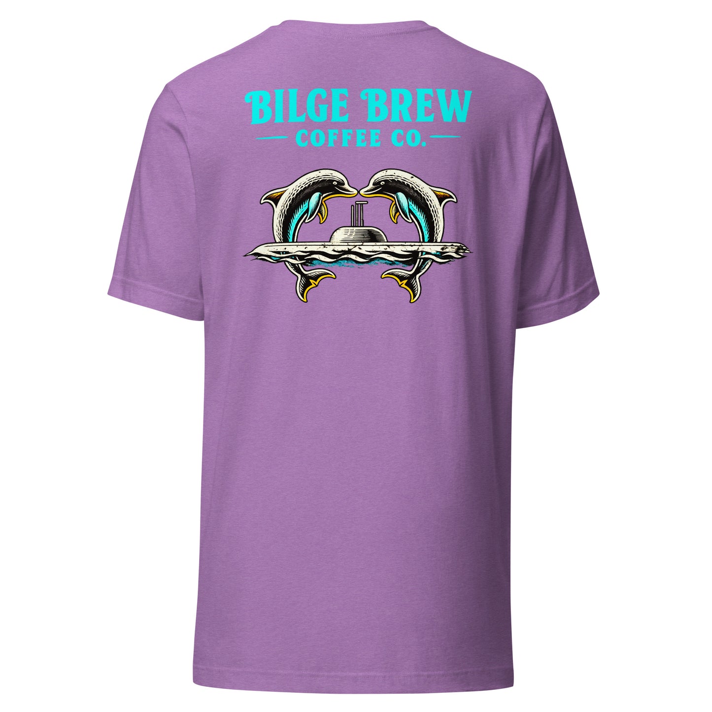 heather purple shirt with dolphins jumping over a submarine and bilge brew coffee co text
