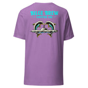 heather purple shirt with dolphins jumping over a submarine and bilge brew coffee co text