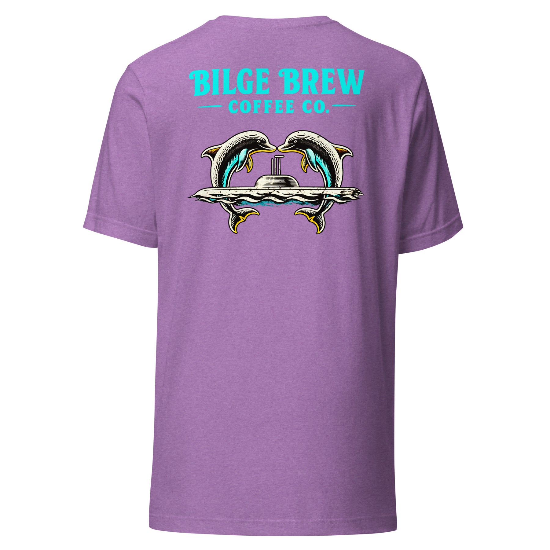 heather purple shirt with dolphins jumping over a submarine and bilge brew coffee co text