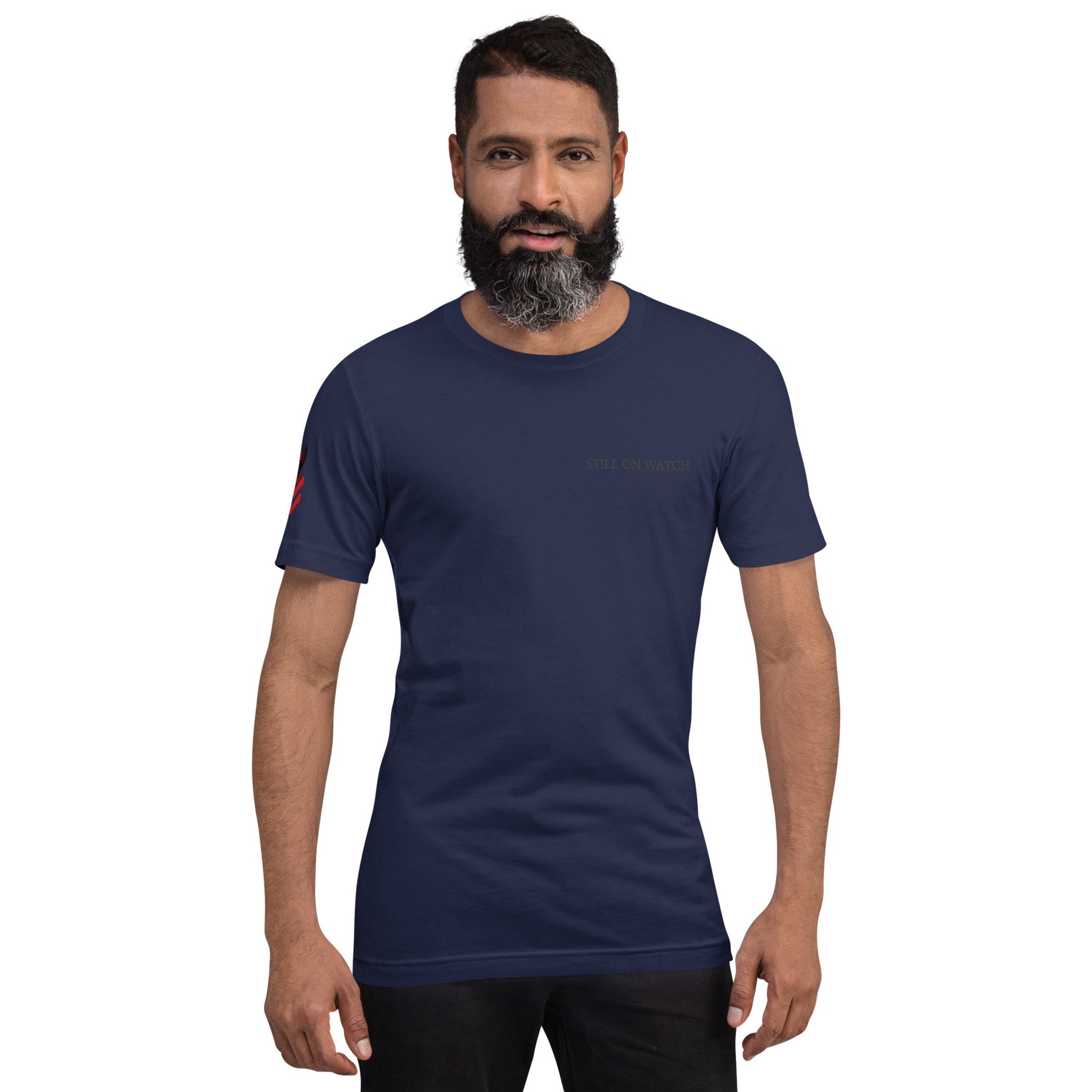 Man wearing a navy blue t-shirt with a logo on a white background