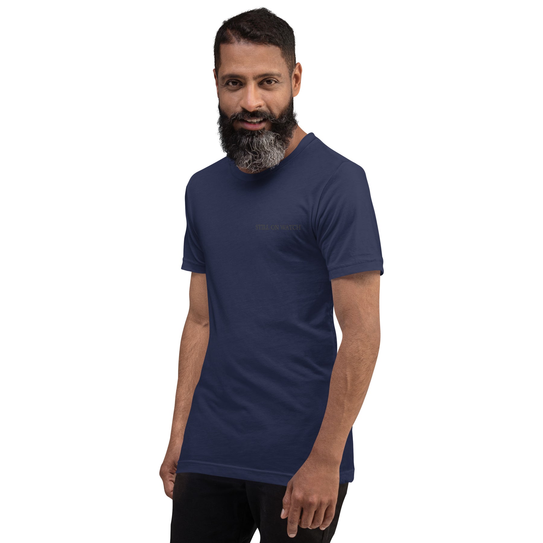 Man wearing a navy blue t-shirt on a white background