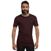 Man wearing a dark brown t-shirt with red graphics on a white background