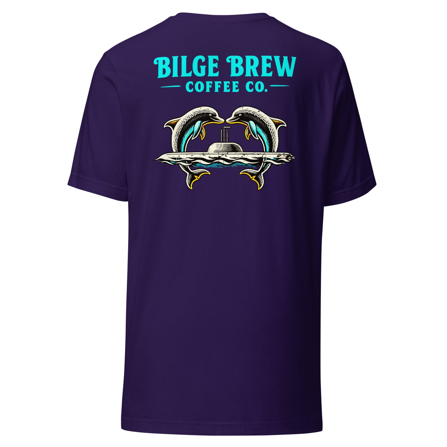 purple shirt with dolphins jumping over a submarine and bilge brew coffee co text