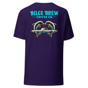 purple shirt with dolphins jumping over a submarine and bilge brew coffee co text