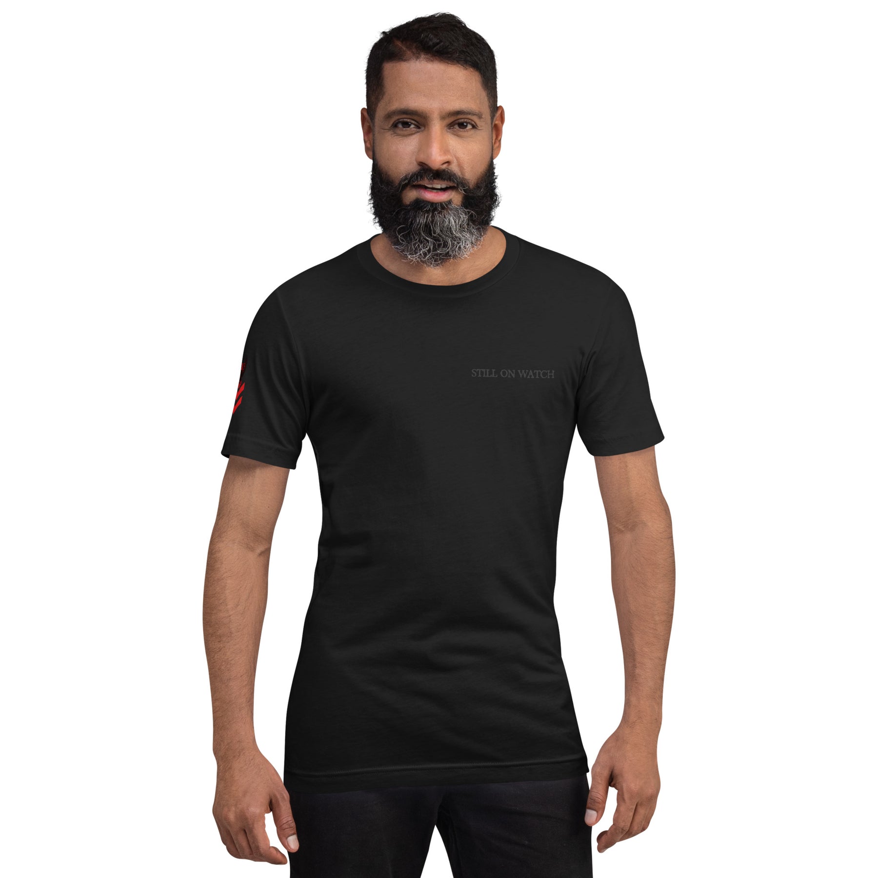 Man wearing a black t-shirt on a white background