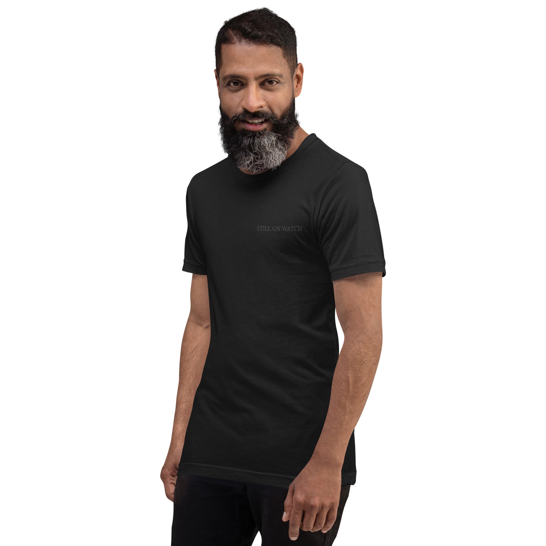 Man wearing a black t-shirt on a white background