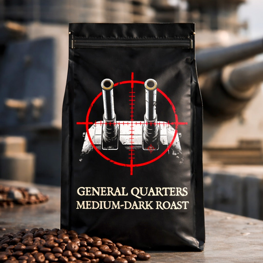 Coffee bag labeled 'General Quarters Medium-Dark Roast' with a tank in the background