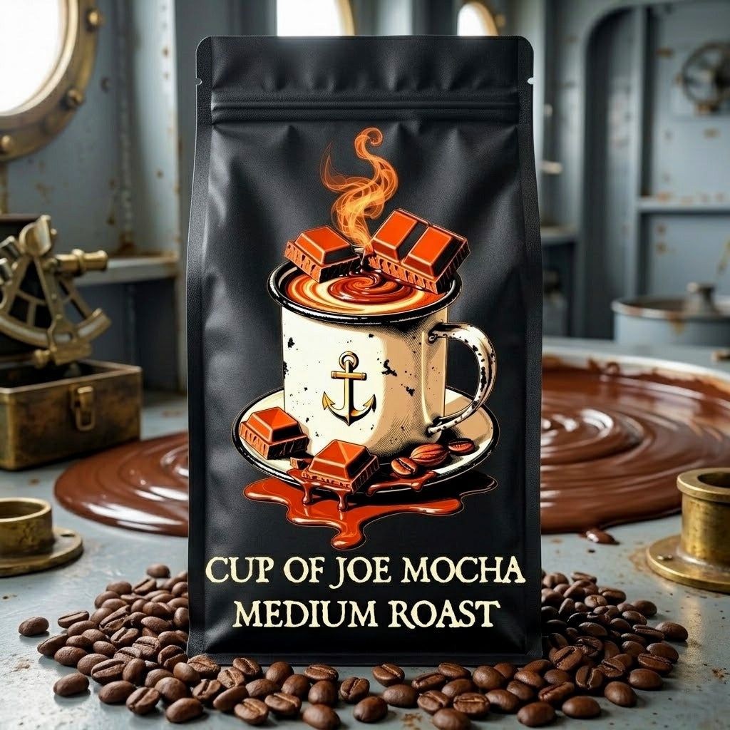 Coffee bag labeled 'Cup of Joe Mocha Medium Roast' with coffee beans on a decorative background.