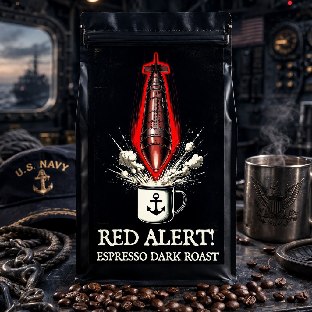 Coffee bag labeled 'Red Alert! Espresso Dark Roast' with a coffee cup and bomb design, set against a naval-themed background.