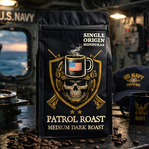 Coffee bag labeled 'Single Origin Honduras Patrol Roast' with a skull and American flag design, set against a navy ship background.