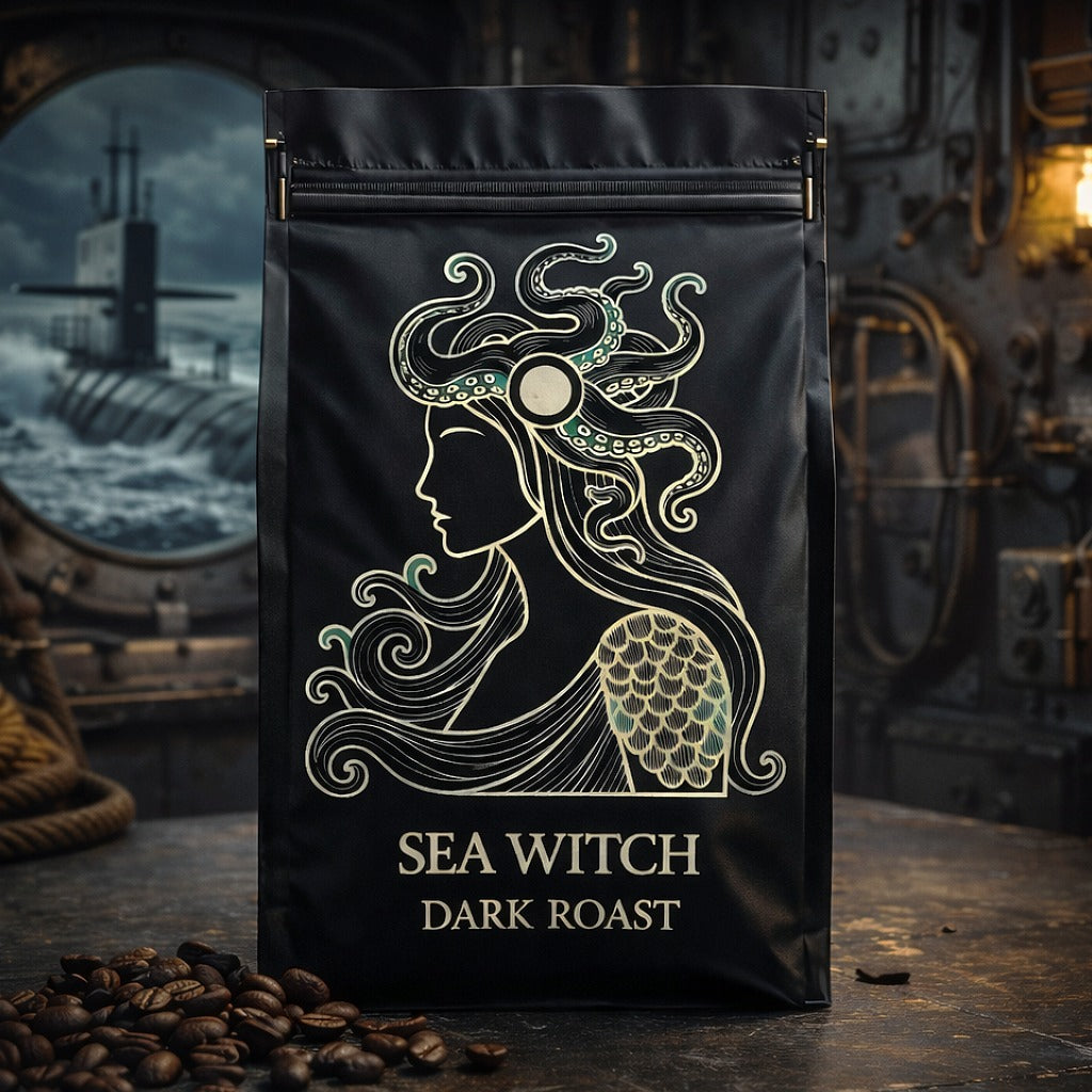 Coffee bag labeled 'Sea Witch Dark Roast' with a decorative design on a dark background.