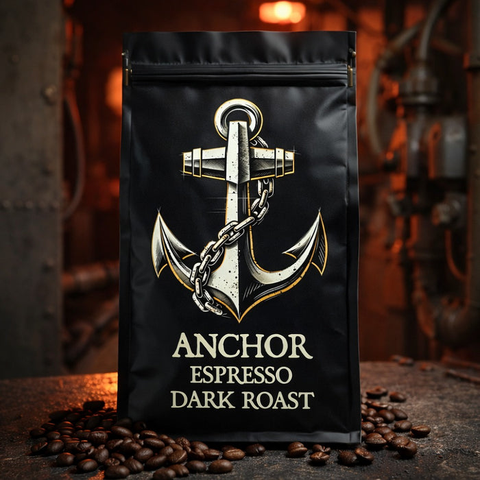 Black coffee bag with anchor design labeled 'Anchor Espresso Dark Roast' on a dark background.