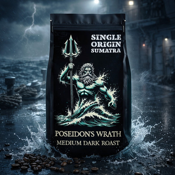 Coffee bag labeled 'Poseidon's Wrath' with a stormy background