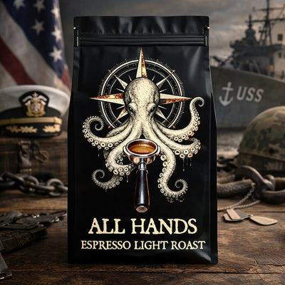 Coffee bag labeled 'All Hands Espresso Light Roast' with an octopus design, set against a nautical-themed background.