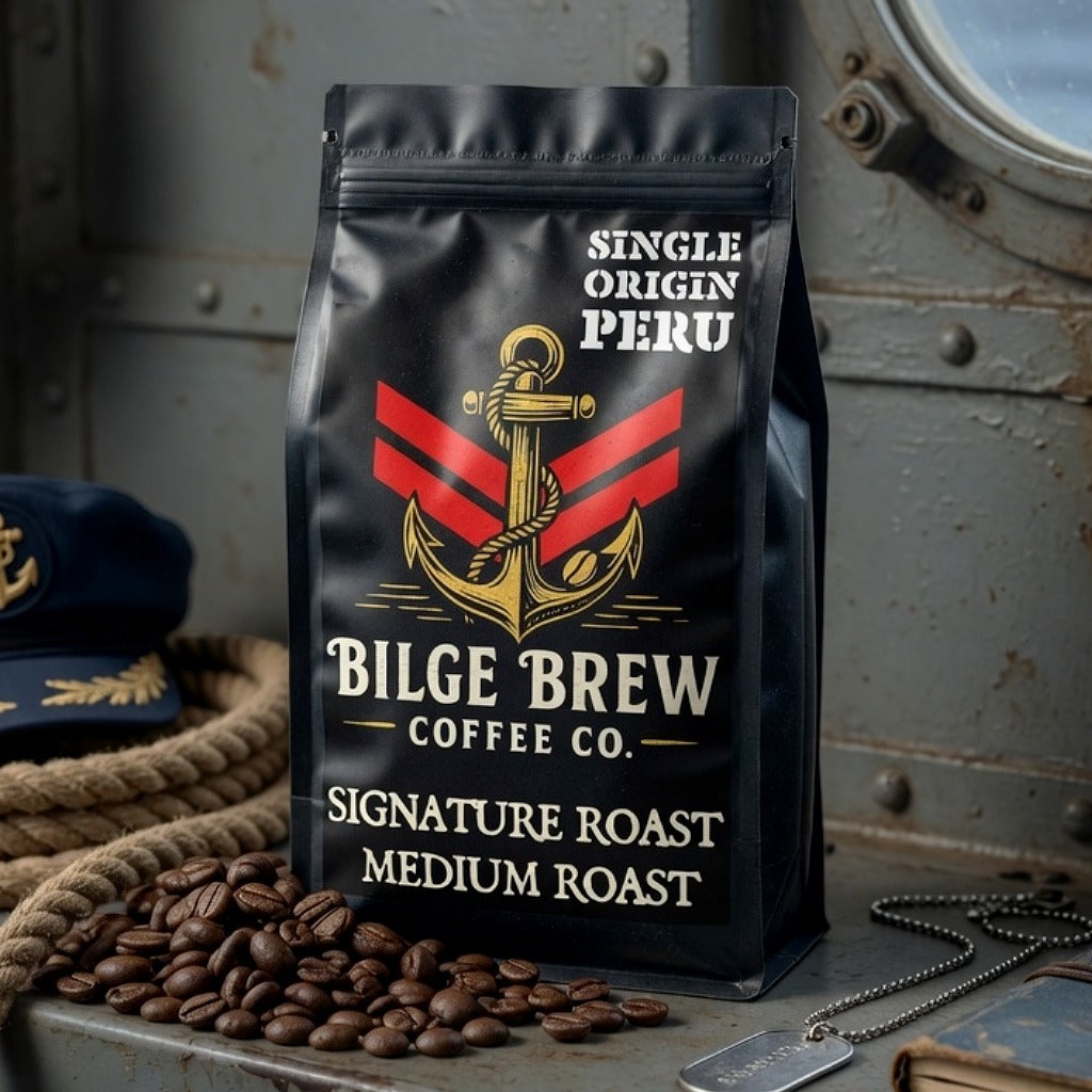 Bilge Brew Coffee Co. package with coffee beans on a wooden surface with nautical-themed background