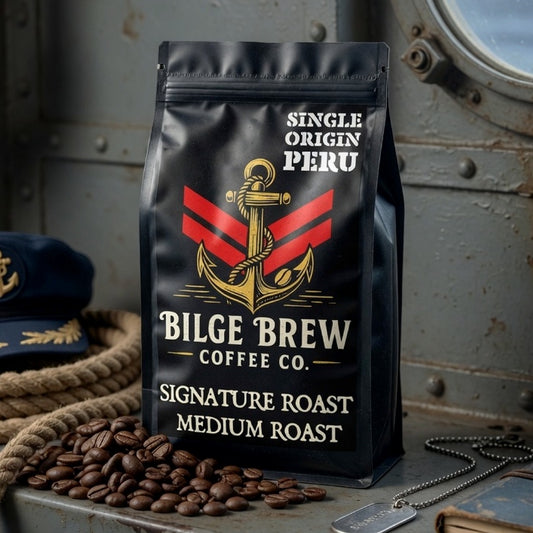 Bilge Brew Coffee Co. package with coffee beans on a wooden surface with nautical-themed background