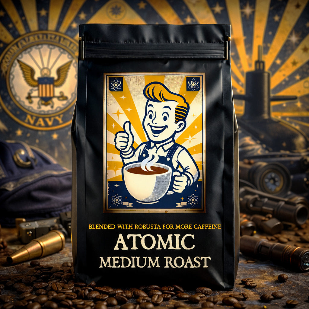 Coffee bag labeled 'Atomic Medium Roast' with a vintage-style design featuring a character holding a coffee cup.
