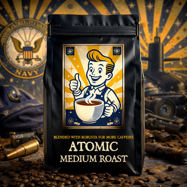 Coffee bag labeled 'Atomic Medium Roast' with a vintage-style design featuring a character holding a coffee cup.