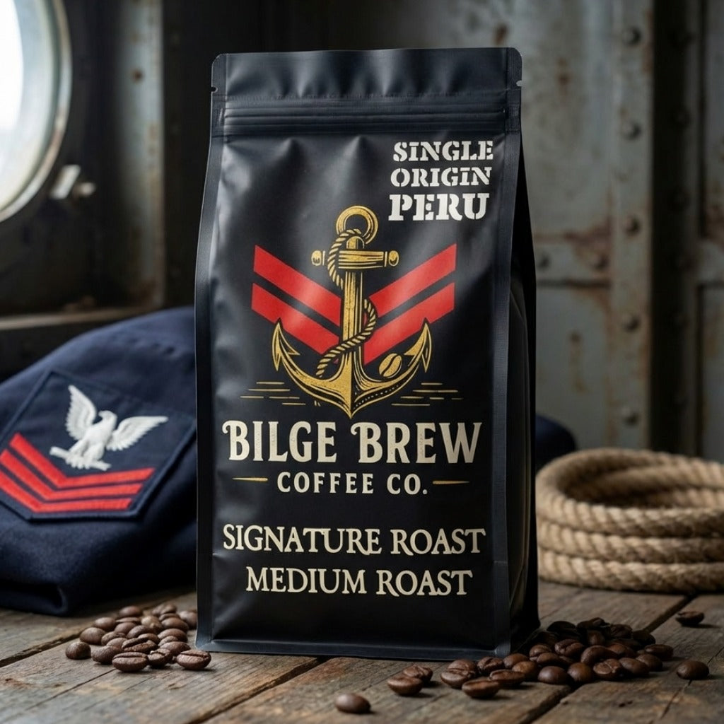 Coffee bag from Bilge Brew Coffee Co. with coffee beans on a wooden surface
