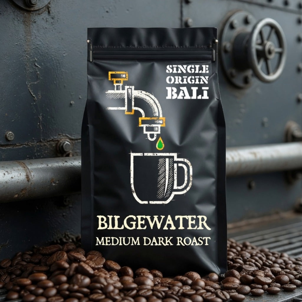 Coffee bag labeled 'Bilgewater' with coffee beans on a metallic background