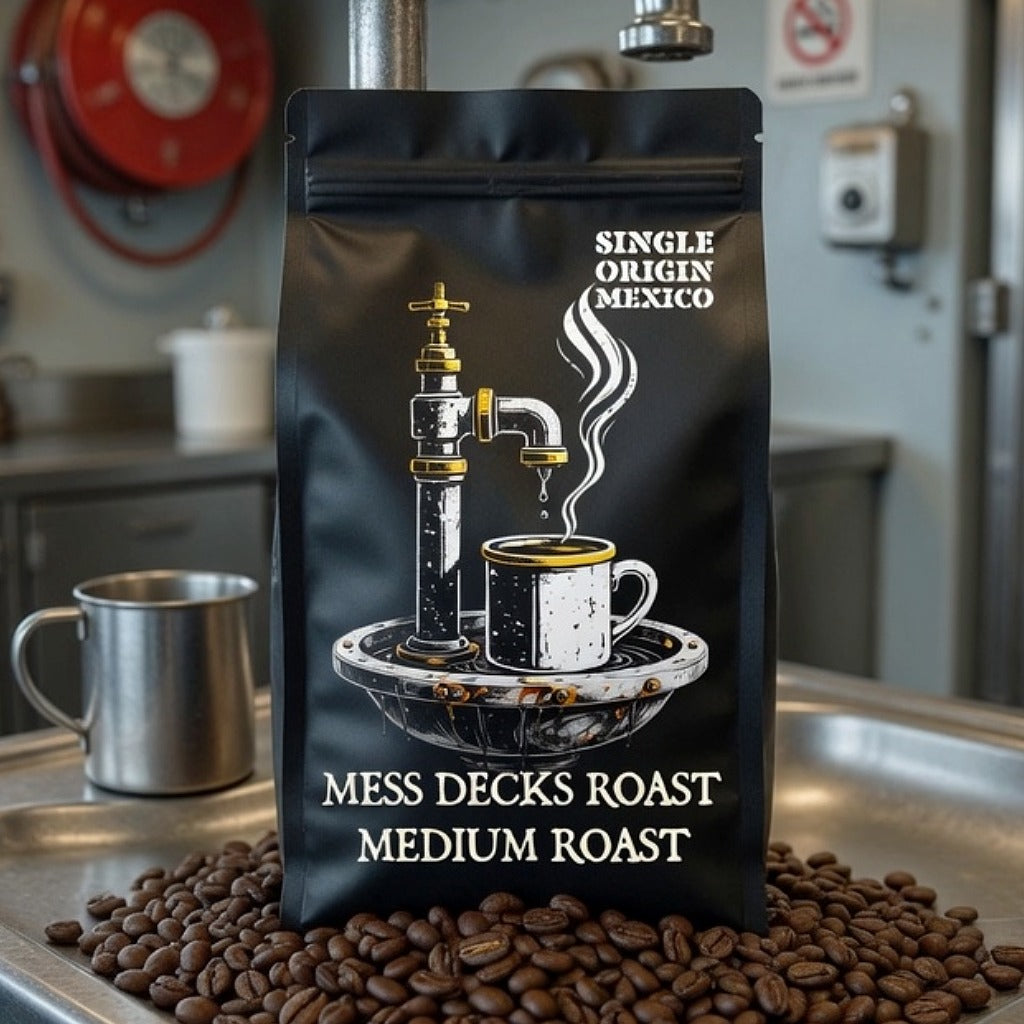 Coffee bag labeled 'Single Origin Mexico' with coffee beans and a cup on a metallic surface.