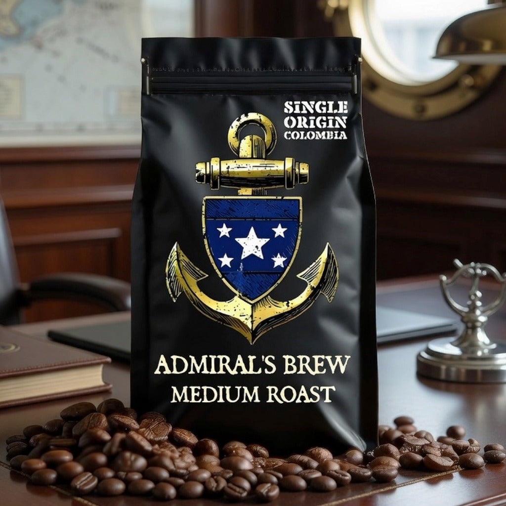 Coffee bag labeled 'Admiral's Brew' with coffee beans on a wooden surface.