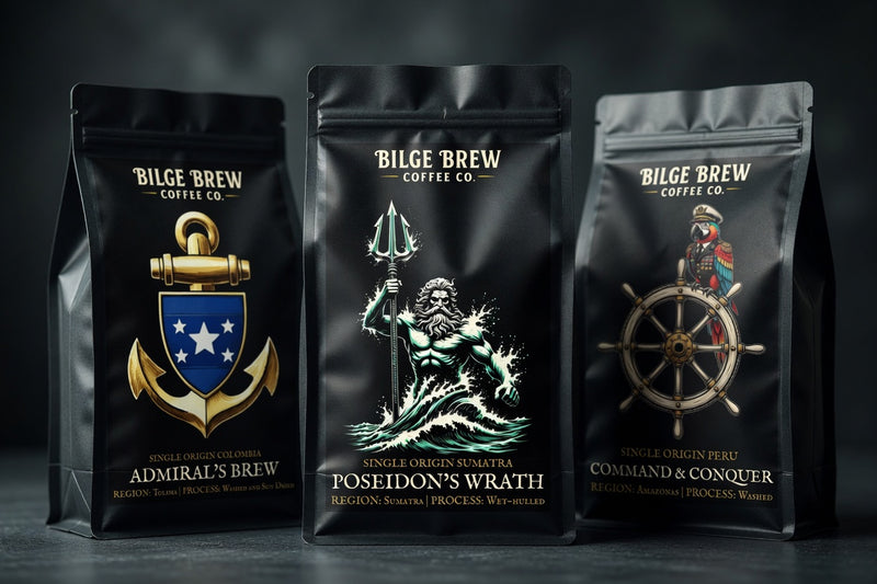 three bilge brew coffee roasts on dark background