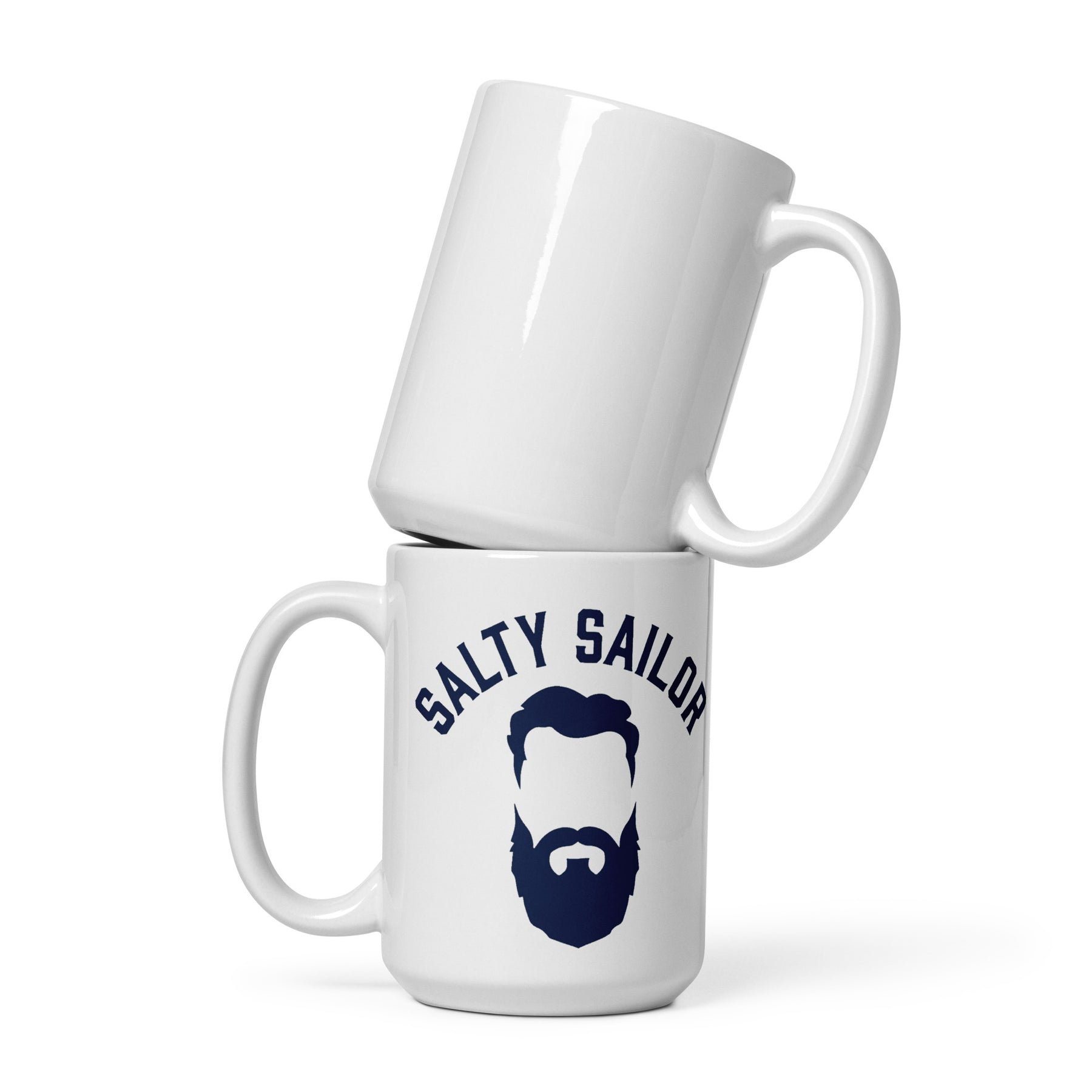 Two white mugs stacked on a white background, with one mug featuring 'Salty Sailor' text and a beard graphic.